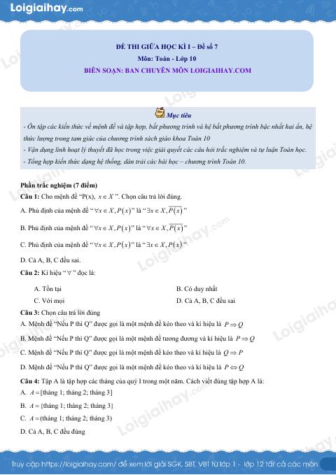 Đề thi giữa kì 1 Toán 10 Cánh diều - Đề số 7